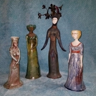 L-R: Kiln Goddess - 150; Elizabethan Lady - 175<br>Masked Goddess - 195; Woman with Red Sash - 150