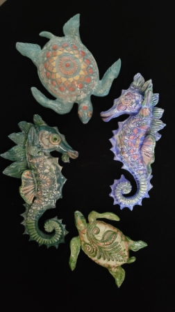 Clockwise from top: Mandala Turtle, Blue Sea Horse, Small Turtle, Green Sea Horse